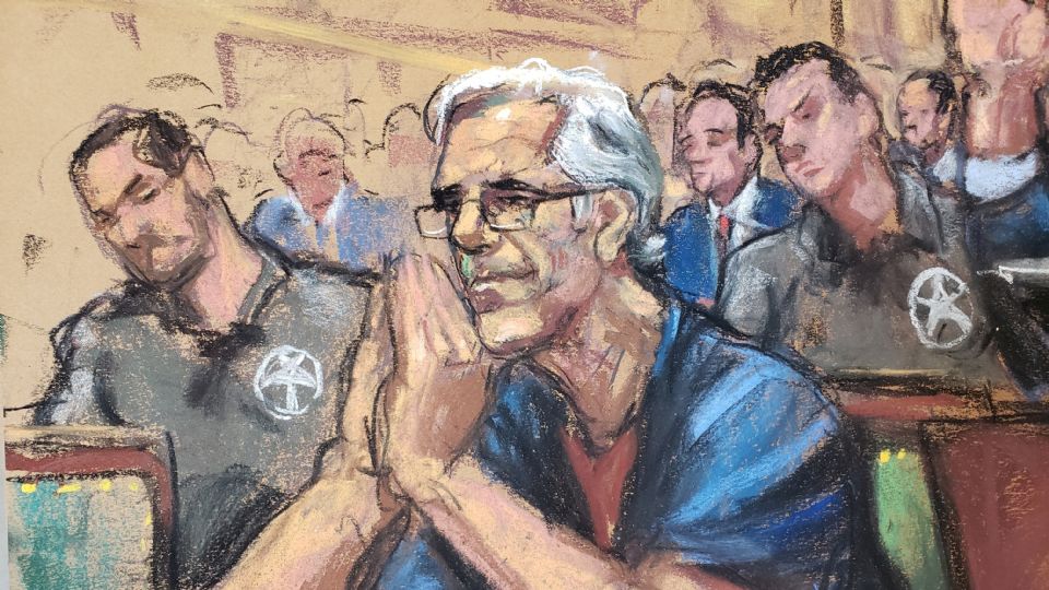 Jeffrey Epstein durante una audiencia en el caso de tráfico sexual, boceto de la corte en Nueva York / Reuters