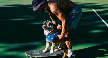 ¡Qué momento! Lewis Hamilton enseña a su perro Bulldog a patinar