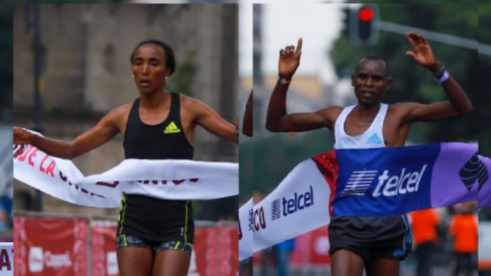 Amane Beriso Shankule y Edwin Kripop Kiptoo, ganadores del Maratón de la CDMX.