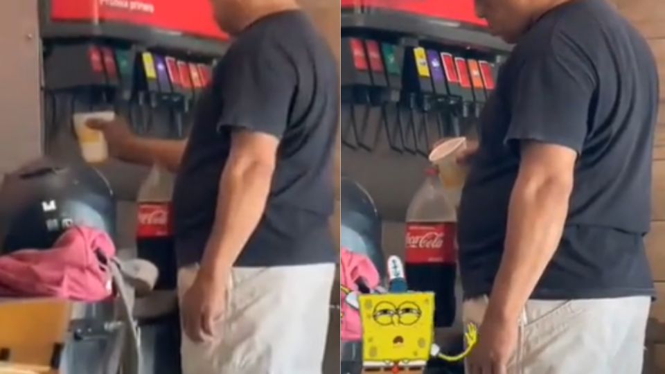 Cliente es captado ejerciendo su derecho a refill en establecimiento de comida rápida.