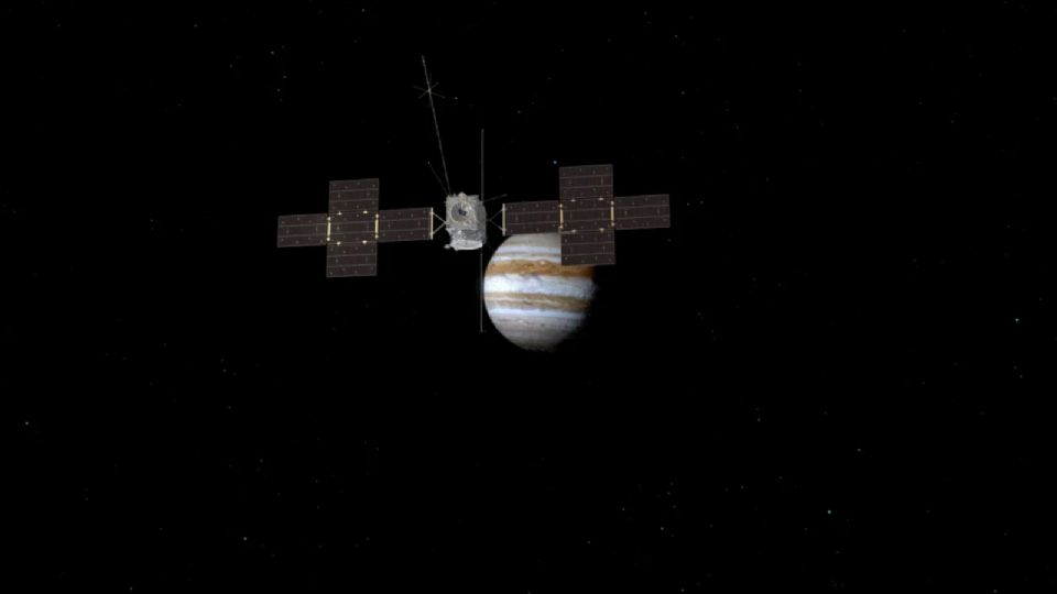 Una ilustración representa a Juice en su camino hacia Júpiter