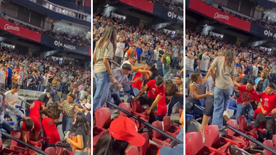 Hombres peleando en el estadio de los Sultanes de Monterrey.