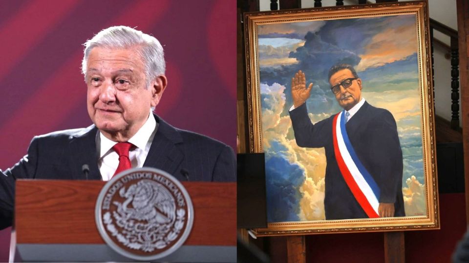 Andrés Manuel López Obrador y retrato de Salvador Allende, expresidente de Chile.