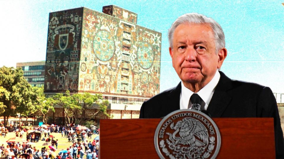 Andrés Manuel López Obrador, presidente de México y la UNAM de fondo.