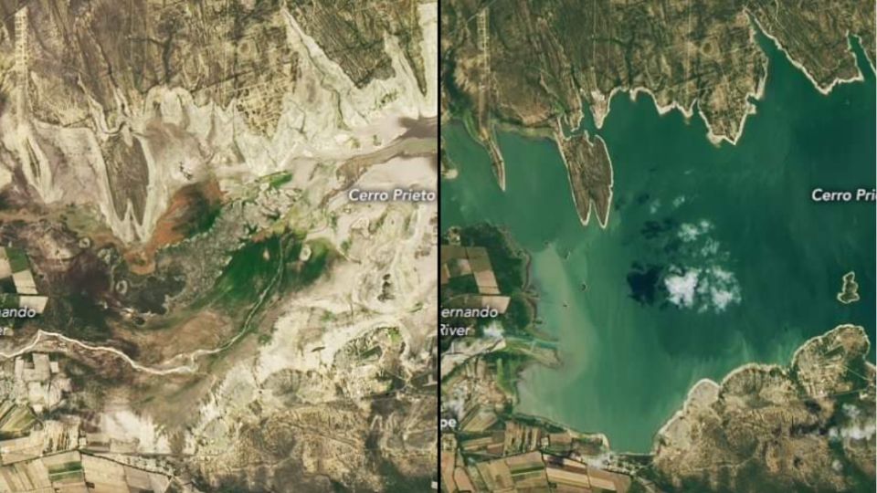 A través de redes sociales, director general del Organismo de Cuenca Río Bravo de CONAGUA, Luis Carlos Alatorre mostró una imagen comparativa de la presa Cerro Prieto.