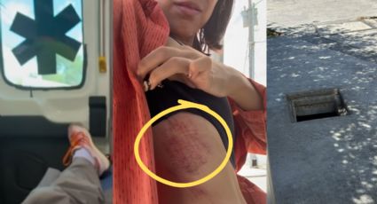 Joven resulta lesionada tras caer en registro sin tapa en el centro de Monterrey