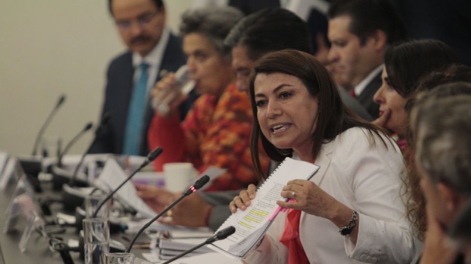 La senadora María Guadalupe Saldaña, durante la reunión extraordinaria de las comisiones unidas de Educación y de estudios Legislativos.
