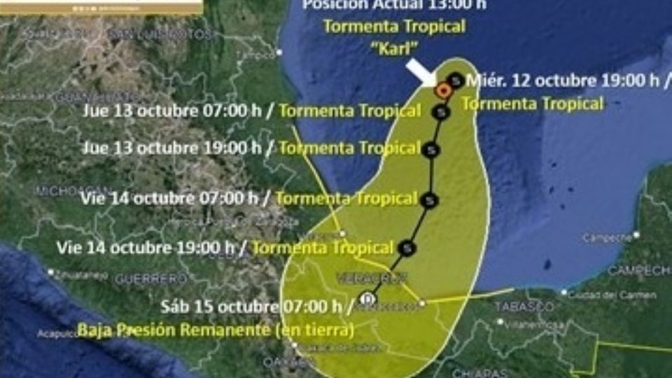 Trayectoria de la tormenta tropical 'Karl' que podría impactar en costas de Veracruz.