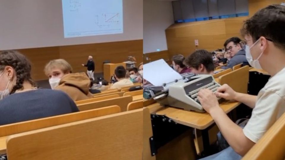 Estudiante con una máquina de escribir.