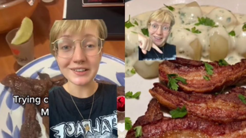 Chica danesa se sorprende de comer chicharrón en México.