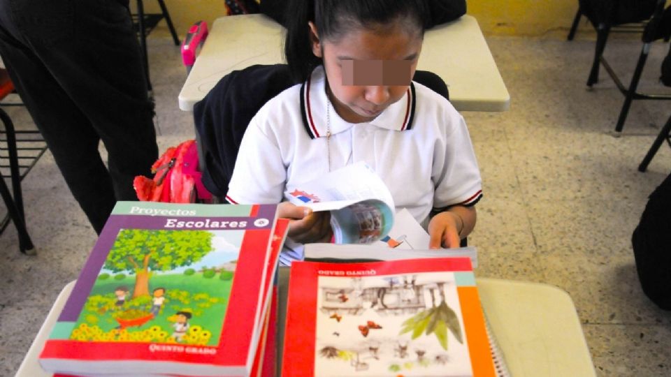 Una alumna revisa sus nuevos libros de texto que le fueron entregados.