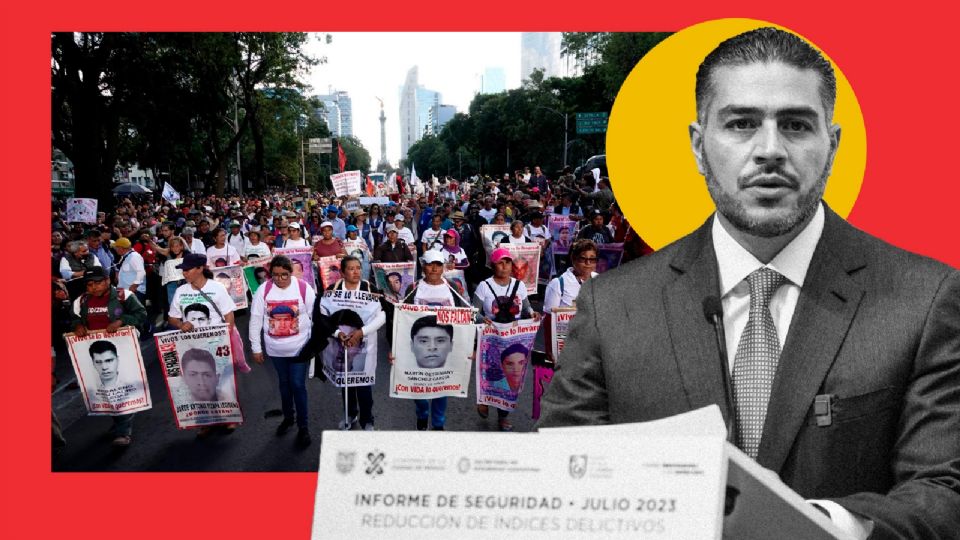 Omar García Harfuch y protesta por caso Ayotzinapa.