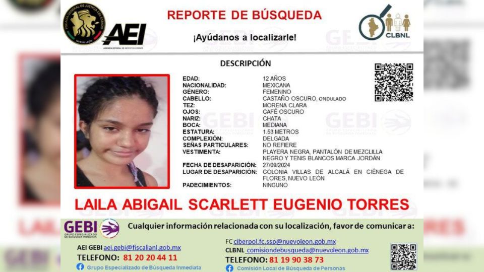 Buscan a Abigail Scarlett Torres, menor desaparecida en Ciénega de Flores