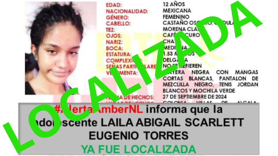 Laila Abigail Scarlett Eugenio Torres fue reportada como desaparecida el pasado 27 de septiembre en el municipio de Ciénega de Flores.