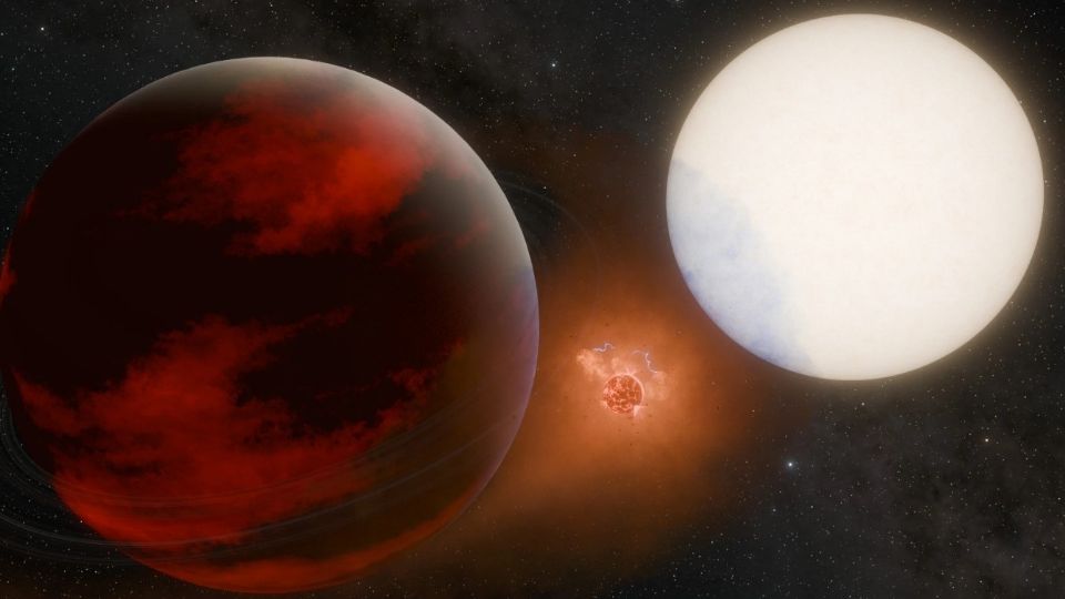 Esta concepción artística representa una posible luna volcánica entre el exoplaneta WASP-49 b, a la izquierda, y su estrella madre.