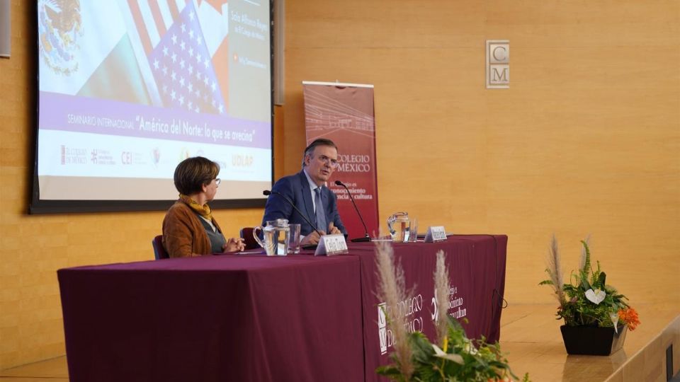 Marcelo Ebrard, secretario de Economía, durante una conferencia sobre el T-MEC.