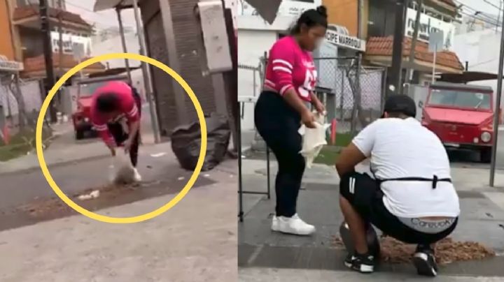 Taqueros recogen barbacoa tirada cerca de alcantarilla en el centro de Monterrey | VIDEO