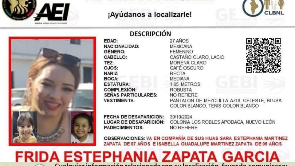 Frida Estephania Zapata García se encontraba en compañía de sus hijas al momento de su desaparición.