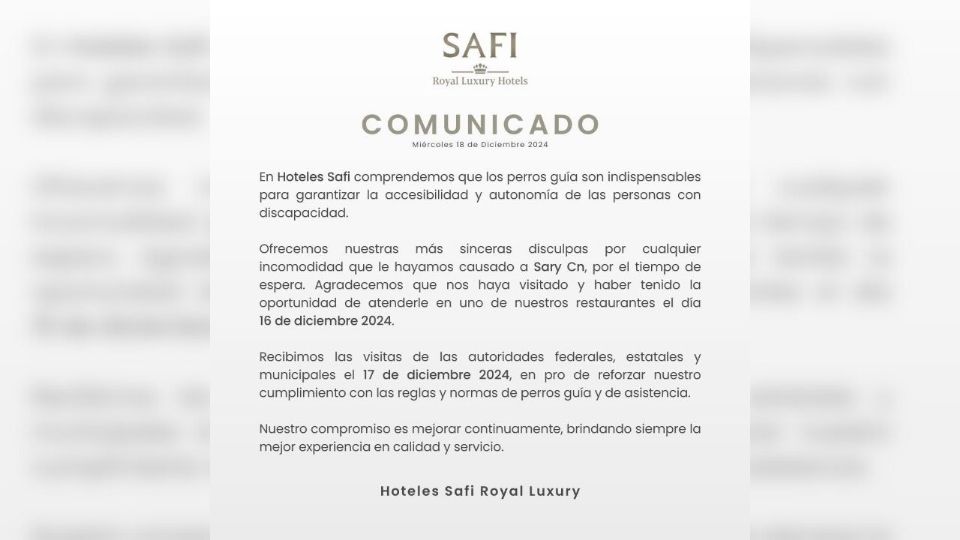 Comunicado del Hotel Safi en redes sociales.