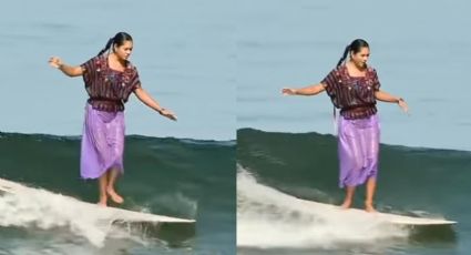 Surfista Patricia Ornelas cautiva al domar las olas vestida con huipil