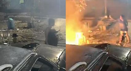 Así fue el momento en el que mujer incendia auto y casa de su ex pareja en Montemorelos
