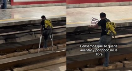 Captan a hombre cruzando vías del Metro en muletas | VIDEO