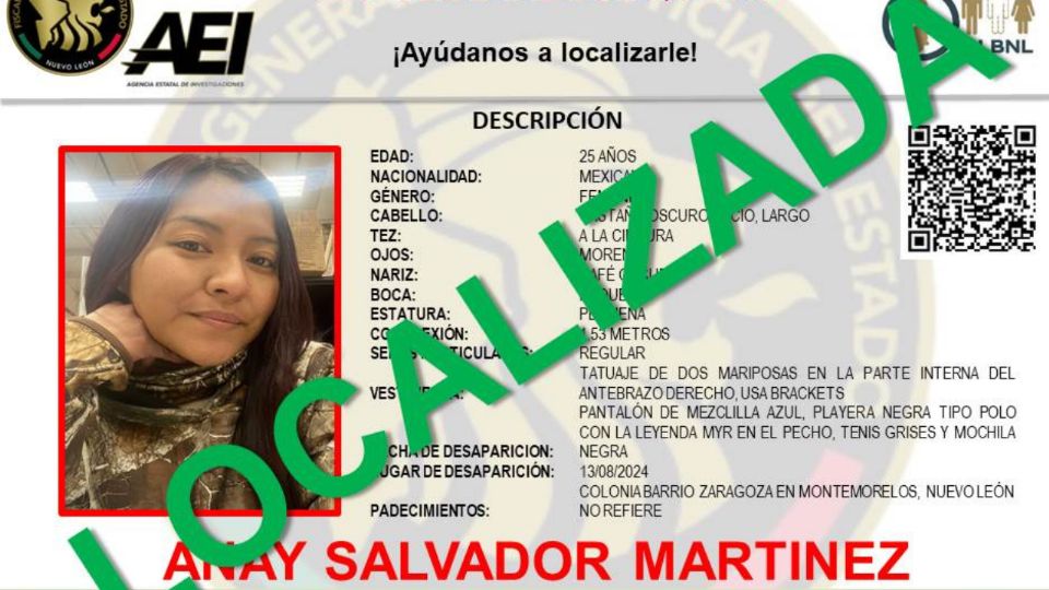 Anay Salvador Martínez era buscada desde el pasado 13 de agosto, luego de salir de su lugar de trabajo y no llegar a su casa.