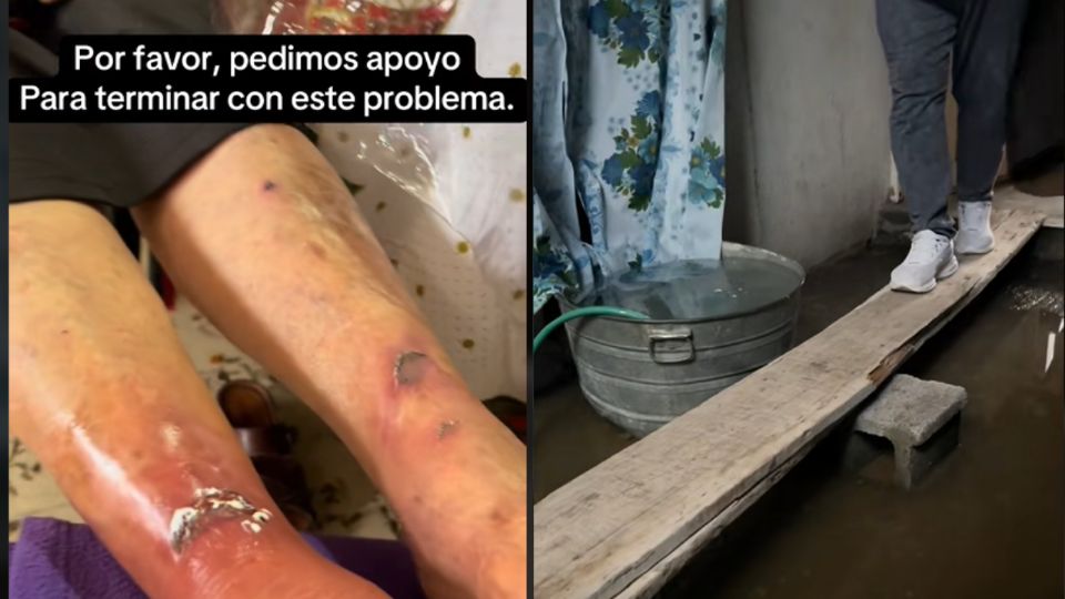 El agua estancada cubre el piso y los muebles del hogar de una mujer de 94 años en la colonia Nueva Libertad, en Guadalupe, Nuevo León, debido a una megafuga sin resolver desde hace seis meses.