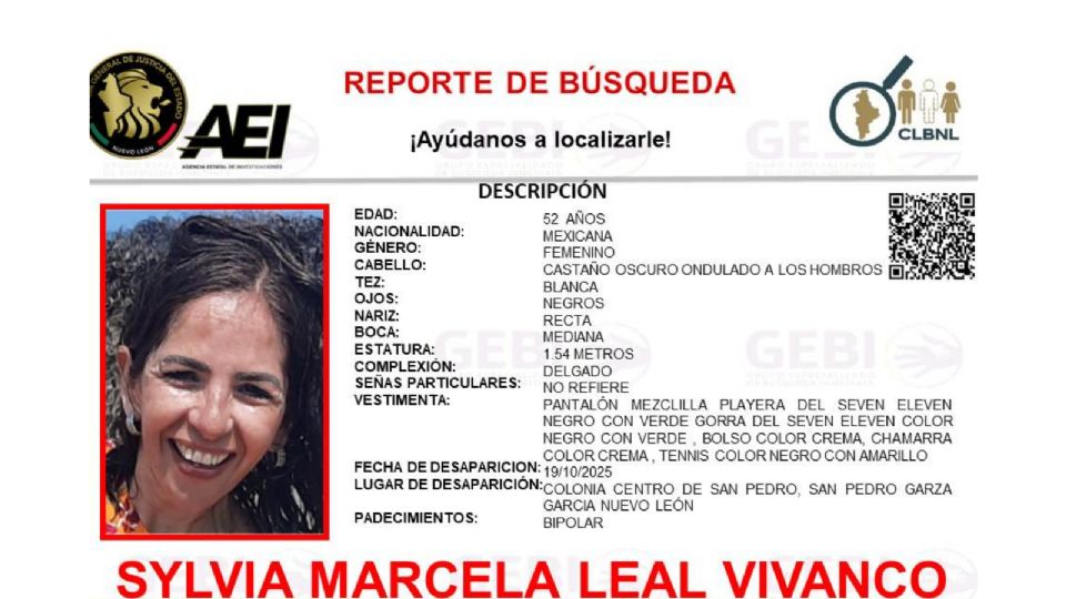 Autoridades y familiares buscan a Sylvia Marcela Leal Vivanco, desaparecida en San Pedro Garza García desde el 19 de octubre.