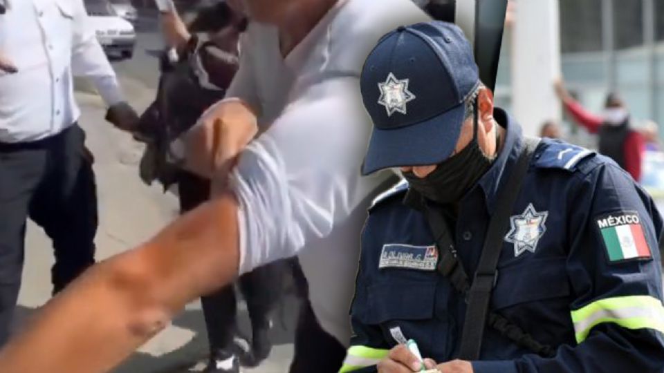 Policía de tránsito y chofer forcejean durante discusión vial