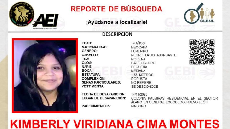 Ficha de búsqueda emitida para localizar a Kimberly Viridiana Cima Montes, desaparecida en Escobedo.