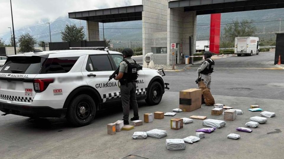 Agentes de la Guardia Nacional revisaron cajas sospechosas con apoyo de un binomio canino.