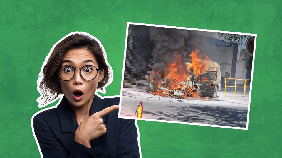 Cuerpos de emergencia trabajan en el incendio de un camión de valores sobre la avenida Miguel Alemán, en Apodaca; se reporta un empleado atrapado en la unidad.