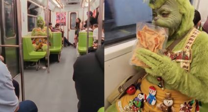 VIDEO | ¡De Whoville a la Línea 3! Captan al Grinch comiendo chicharrones en el Metro CDMX