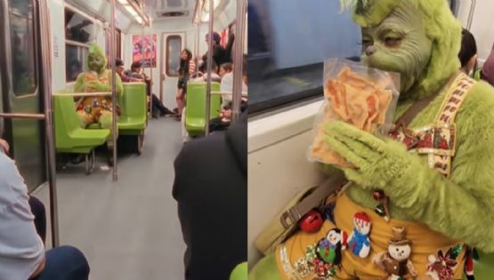 VIDEO | ¡De Whoville a la Línea 3! Captan al Grinch comiendo chicharrones en el Metro CDMX