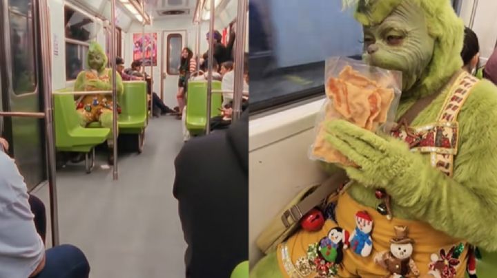 VIDEO | ¡De Whoville a la Línea 3! Captan al Grinch comiendo chicharrones en el Metro CDMX
