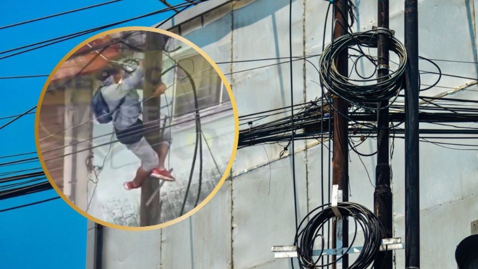 Un delincuente quedó captado en video mientras robaba los cables de un poste en Edomex