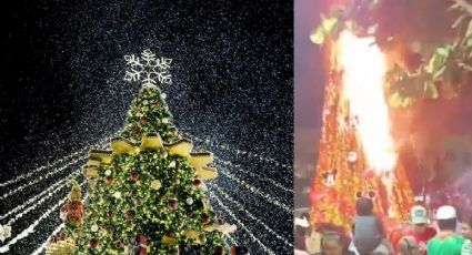 VIDEO | Arbolito de Navidad se incendia en Nayarit tras su encendido junto a fuegos artificiales