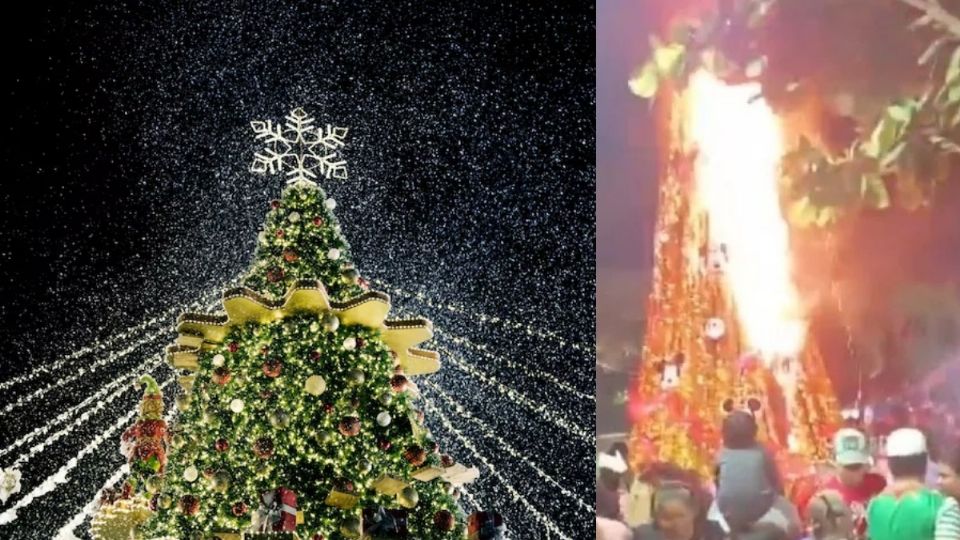Arbolito de Navidad se incendia en Nayarit tras su encendido junto a fuegos artificiales