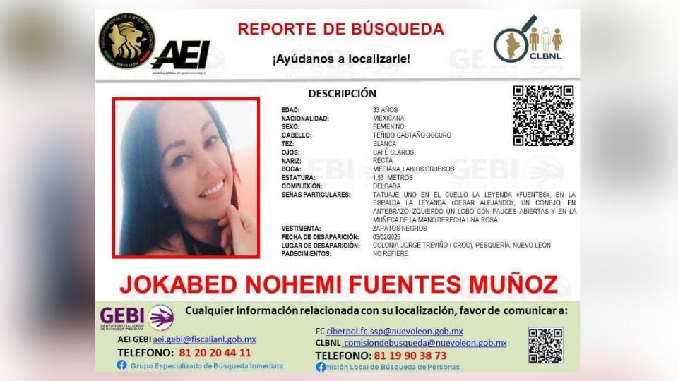 Jokabed Nohemí Fuentes Muñoz, está desaparecida desde el pasado 3 de febrero.