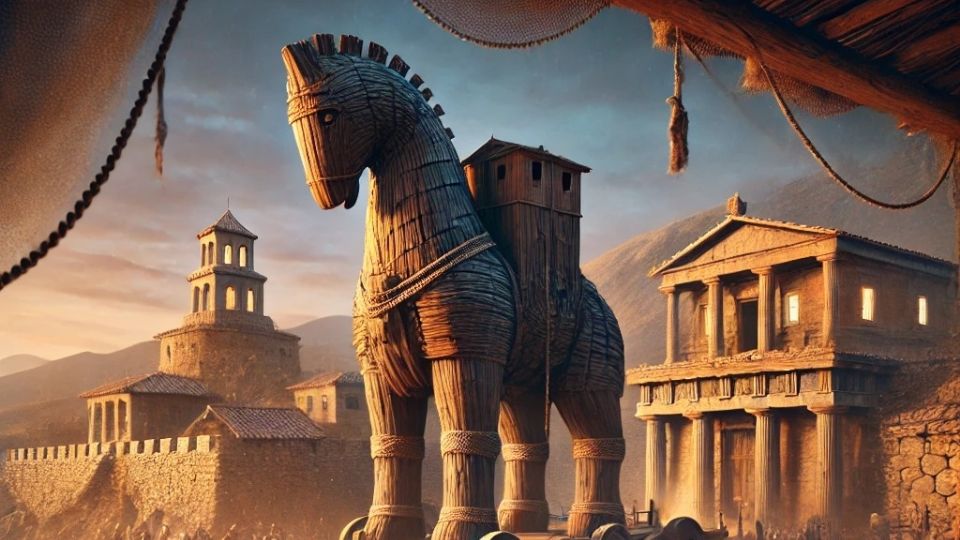 Imagen generada con IA, sobre el icónico Caballo de Troya en las puertas de la ciudad.