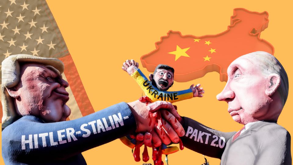 Una carroza de carnaval del artista Jacques Tilly que representa (de izq. a der.) a Donald Trump, Volodymyr Zelensky, y Vladimir Putin, durante el desfile de carnaval del Lunes de las Rosas en Düsseldorf, Alemania.