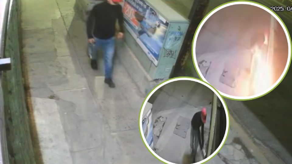 En las cámaras de seguridad se aprecia como el hombre llega y presuntamente prende fuego al local.
