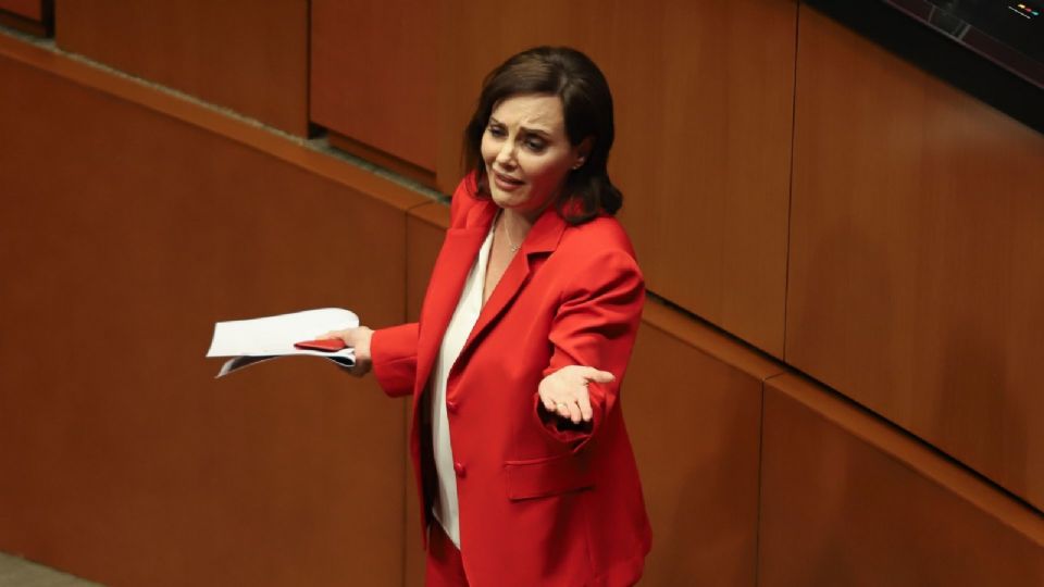 La senadora panista, Lilly Téllez, discute con la bancada de Morena durante la sesión de la Comisión Permanente.