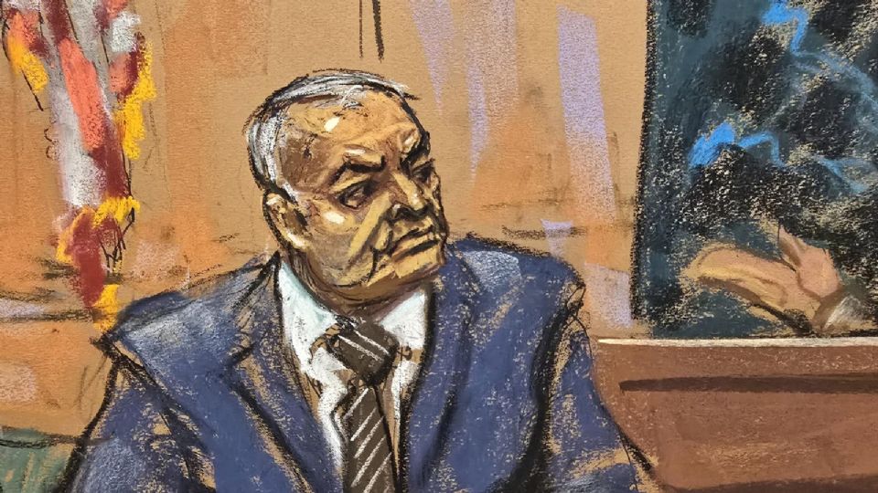 Reproducción fotográfica de un dibujo realizado por la artista Jane Rosenberg del exsecretario de Seguridad Pública mexicano, Genaro García Luna, durante un juicio en el Tribunal Federal de Brooklyn en Nueva York (EE. UU). Imagen de archivo.