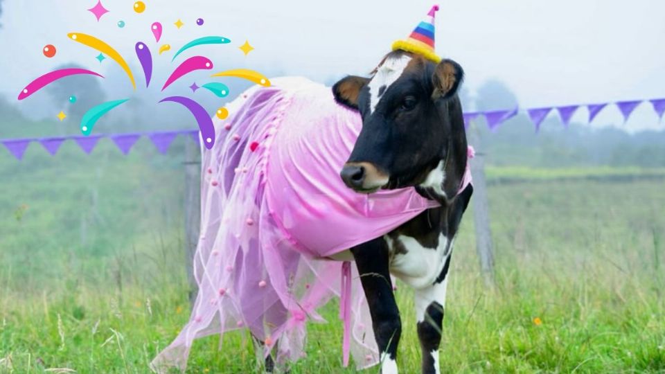 Vaca se hace viral por su peculiar fiesta de cumpleaños con vestido incluido