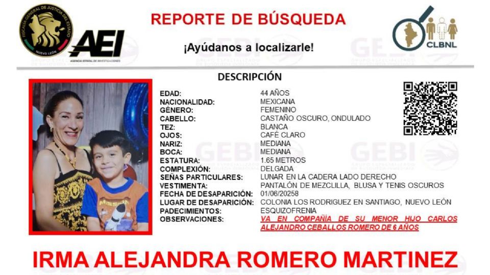 La madre de familia padece esquizofrenia y fue vista por última vez con su hijo.