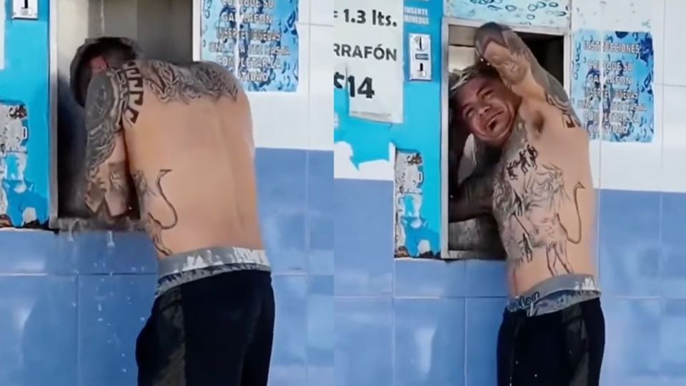 Hombre se hace viral al bañarse en despachadora de agua potable en Cancún