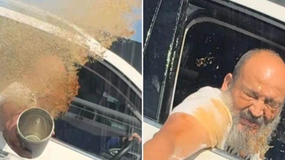 Por broncudo y no haber ido a la escuela, Lord Nescafé terminó bañándose así mismo al agredir a un conductor.