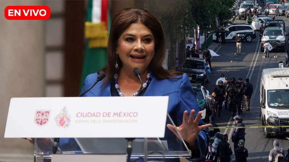 Clara Brugada durante el anuncio de las detenciones en el Antiguo Palacio del Ayuntamiento.
